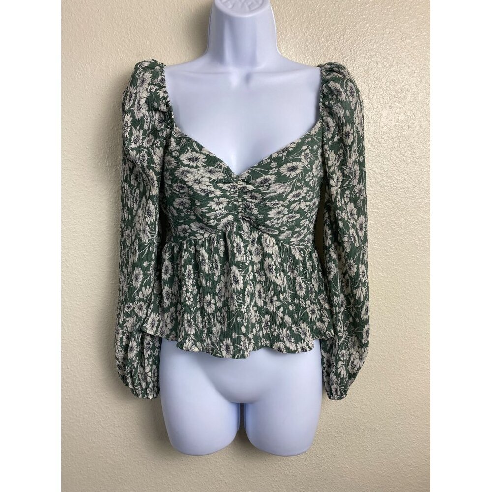 ASTR Floral Boho Peasant Coquette Green Top Women XS Fairy Romantic Feminine